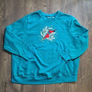 Women's VTG Cardinal Bird Snow Christmas Sweatshirt Green Women XXL Holiday